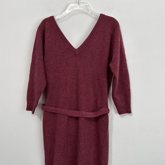 Woodward Lothrop Sweater Dress M Lambswool Double V Belted Knit Vintage Berry - Picture 6 of 8